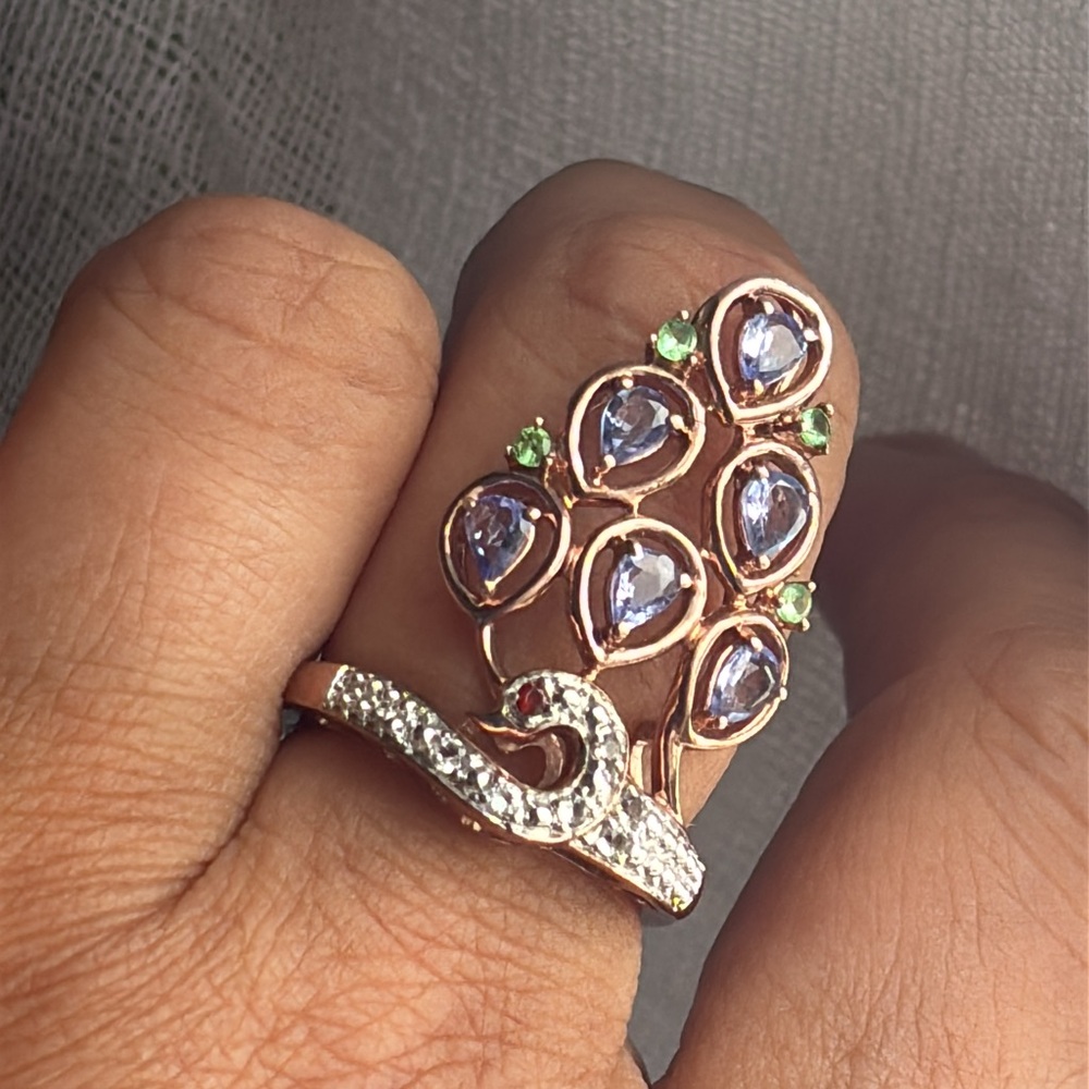 Beautiful Rose Gold Sterling Silver Peacock Ring & Genuine Gemstones